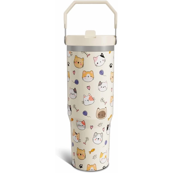 30oz Cat Tumbler with Top Handle & Flip Straw - Stainless Steel Insulated Mug - Cute Cats Gift for Women, Girls - Birthday Gift Idea for Her