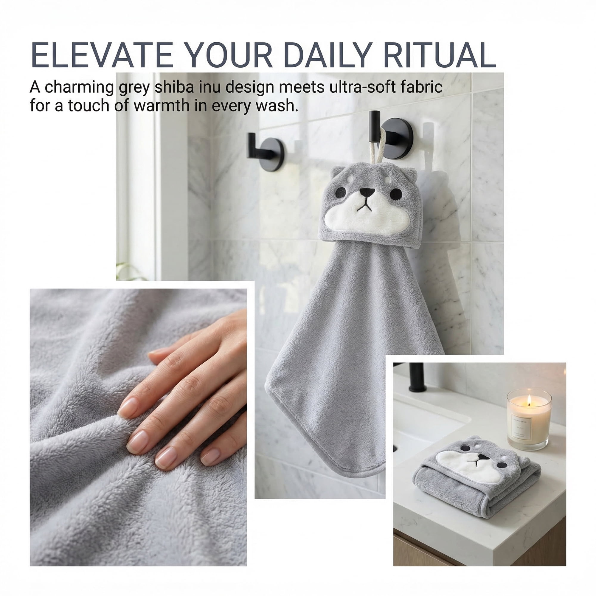 Unique Bargains Animal Hanging Soft Absorbent Hand Towel Grey Shiba Inu 15" x 8"