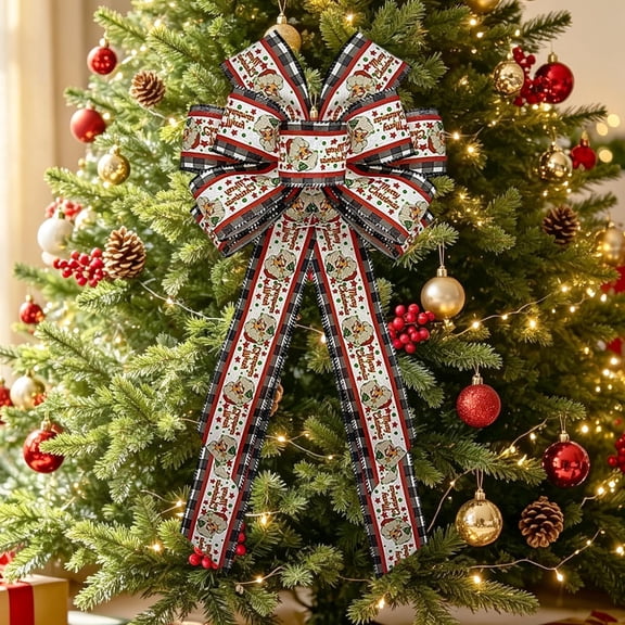 Lilixerw Holiday Christmas Bow, Santa Gnome Printed Ribbon Bow with Plaid Edges, 22.44 X 11.42 Inch, for Tree Wreath Gift Wrapping Decoration