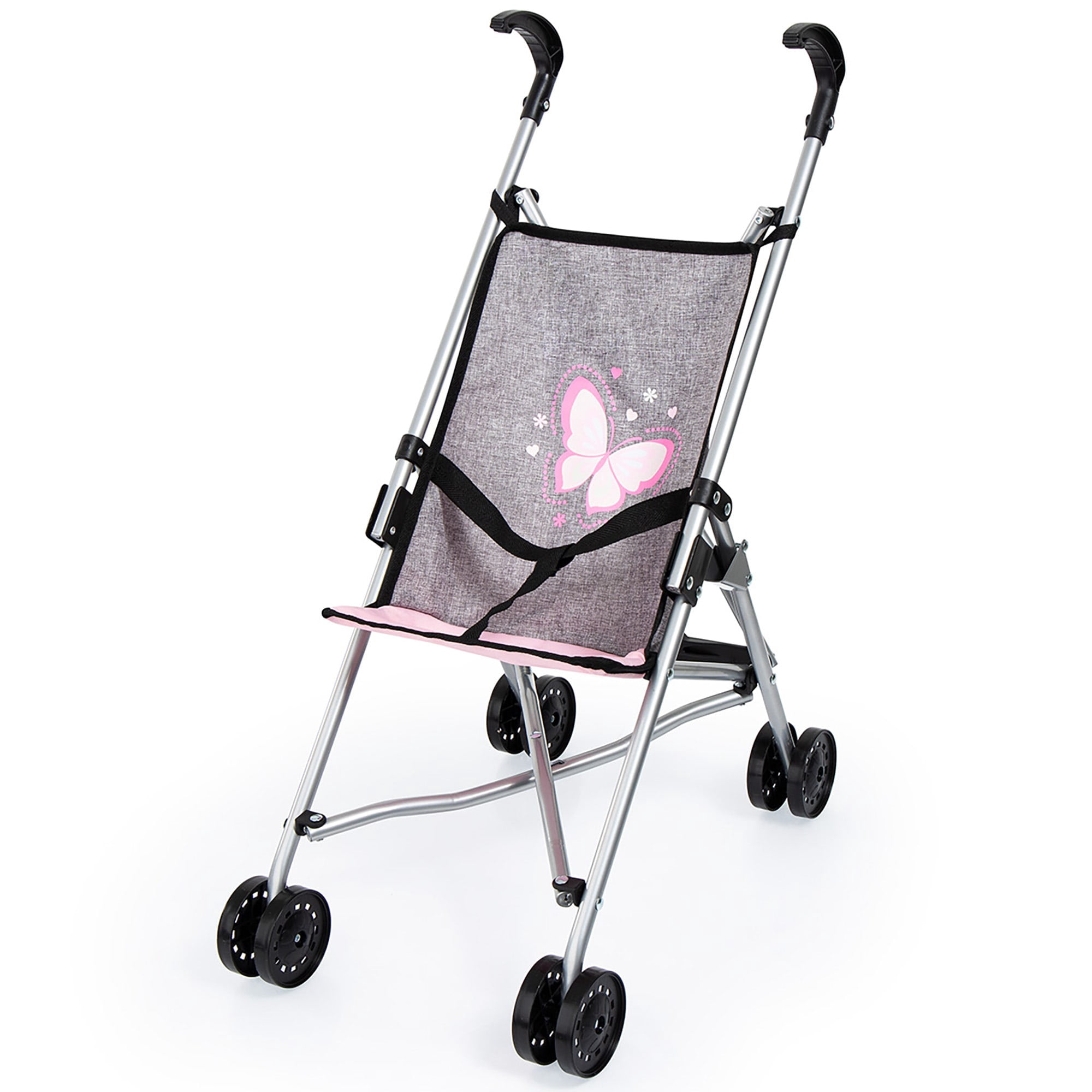 Bayer Design Grey Doll Umbrella Stroller - Dolls up to 18", W/ Seat Belt & Double Wheels, Pretend Play, Kids 3+