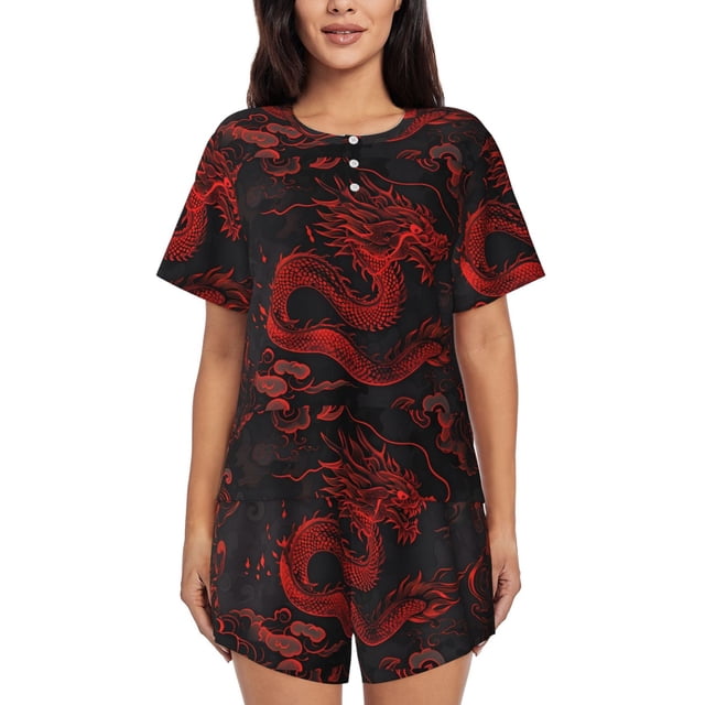 Saiise Pyjamas Dragon Rouge sur Imprimé Noir pour Femmes Pjs à Manches Courtes avec Shorts de Détente Ensemble de Nuit Deux Pièces-4TG