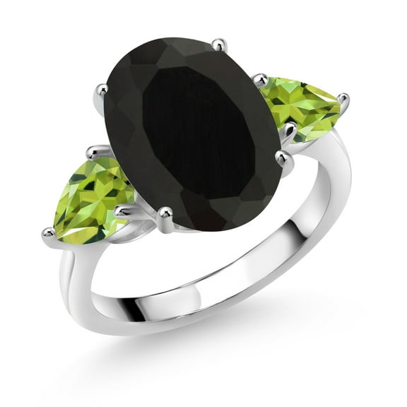 Gem Stone King 925 Sterling Silver Black Onyx and Green Peridot Ring for Women (6.37 Cttw, 14X10MM Oval and 7X5MM Pear Shape, Gemstone December Birthstone, Size 7)