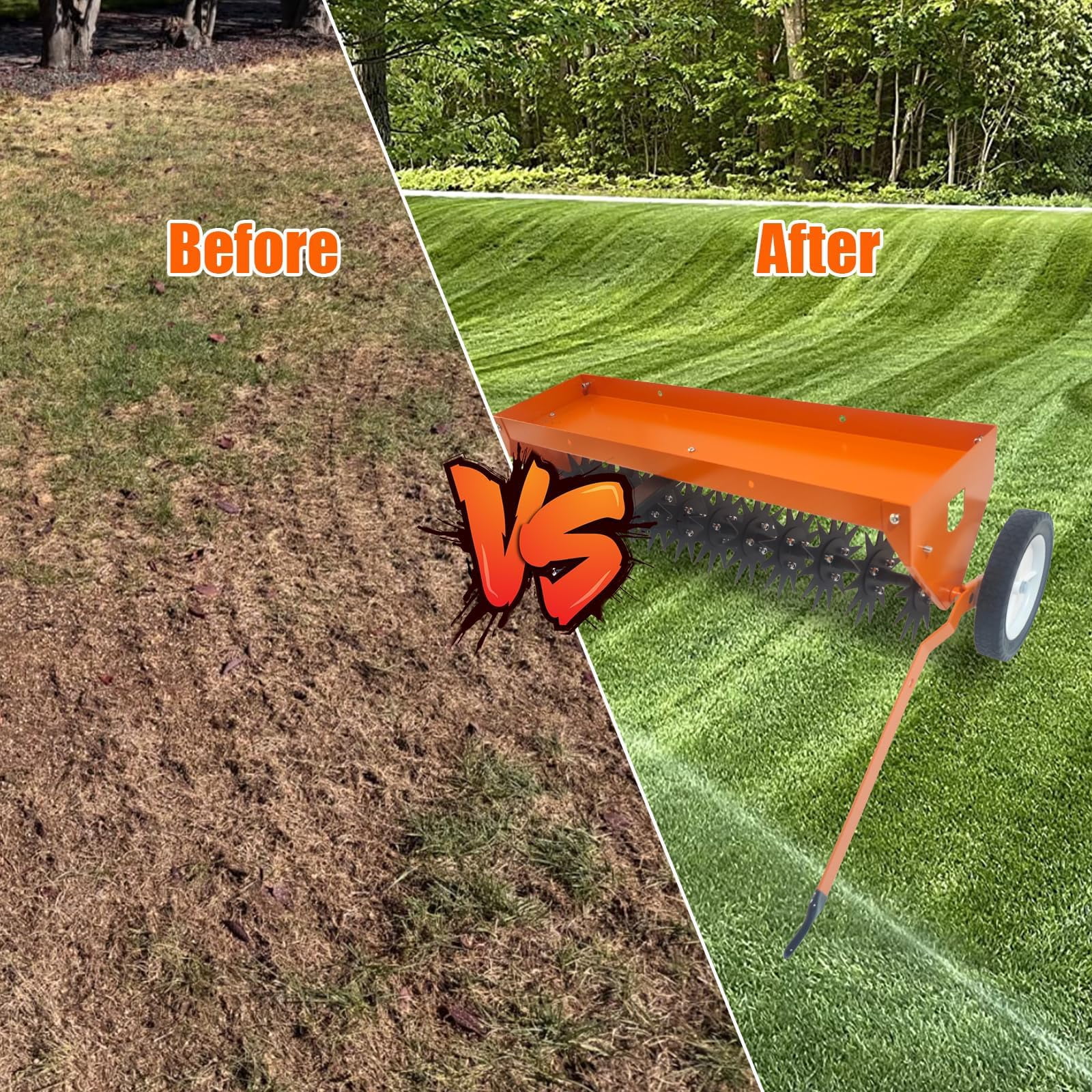 40" Tow-Behind Lawn Aerator, Heavy-Duty Core Aeration Tool with Universal Hitch & Transport Wheels, Adjustable Handle for Tractor, Garden Farm Lawn Care