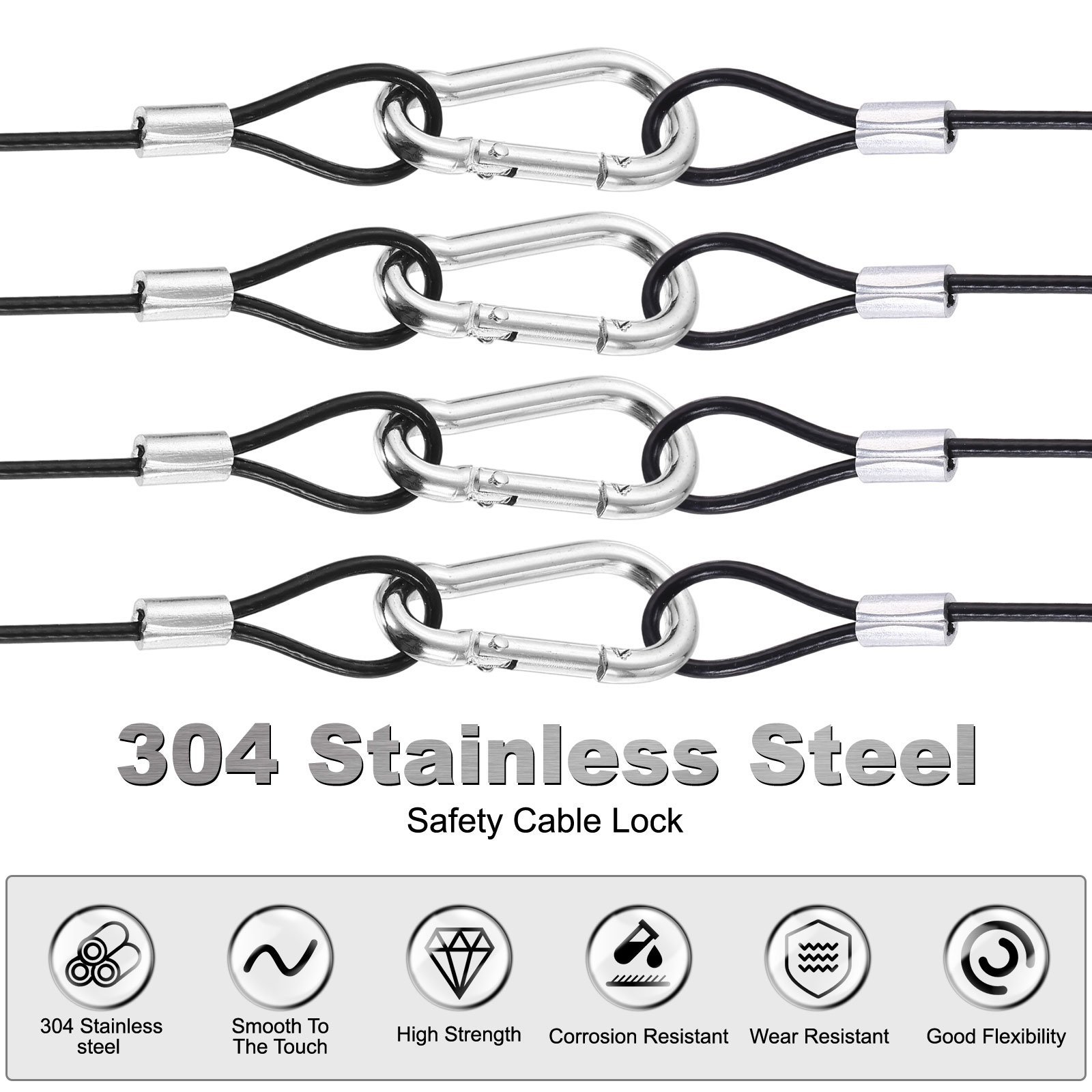 Uxcell 79 Inch Safety Cable Lock, 4 Pcs 304 Stainless Steel Security Wire Ropes Double Loop Anti-Theft Safety with 8 Spring Buckles for Bicycles Luggage Stage Lighting, Black