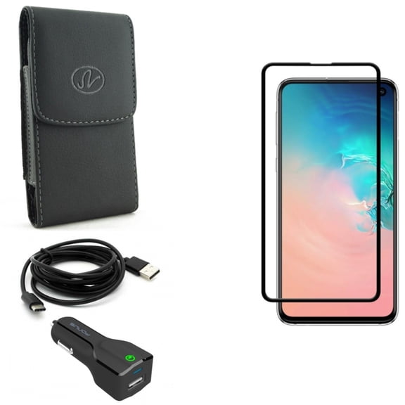 Galaxy S10e Case Belt Clip w Screen Protector w Car Charger - Leather Holster Cover, Tempered Glass 5D Curved Edge, 24W Fast 2-Port USB 6ft Cable for Samsung Galaxy S10e Phone