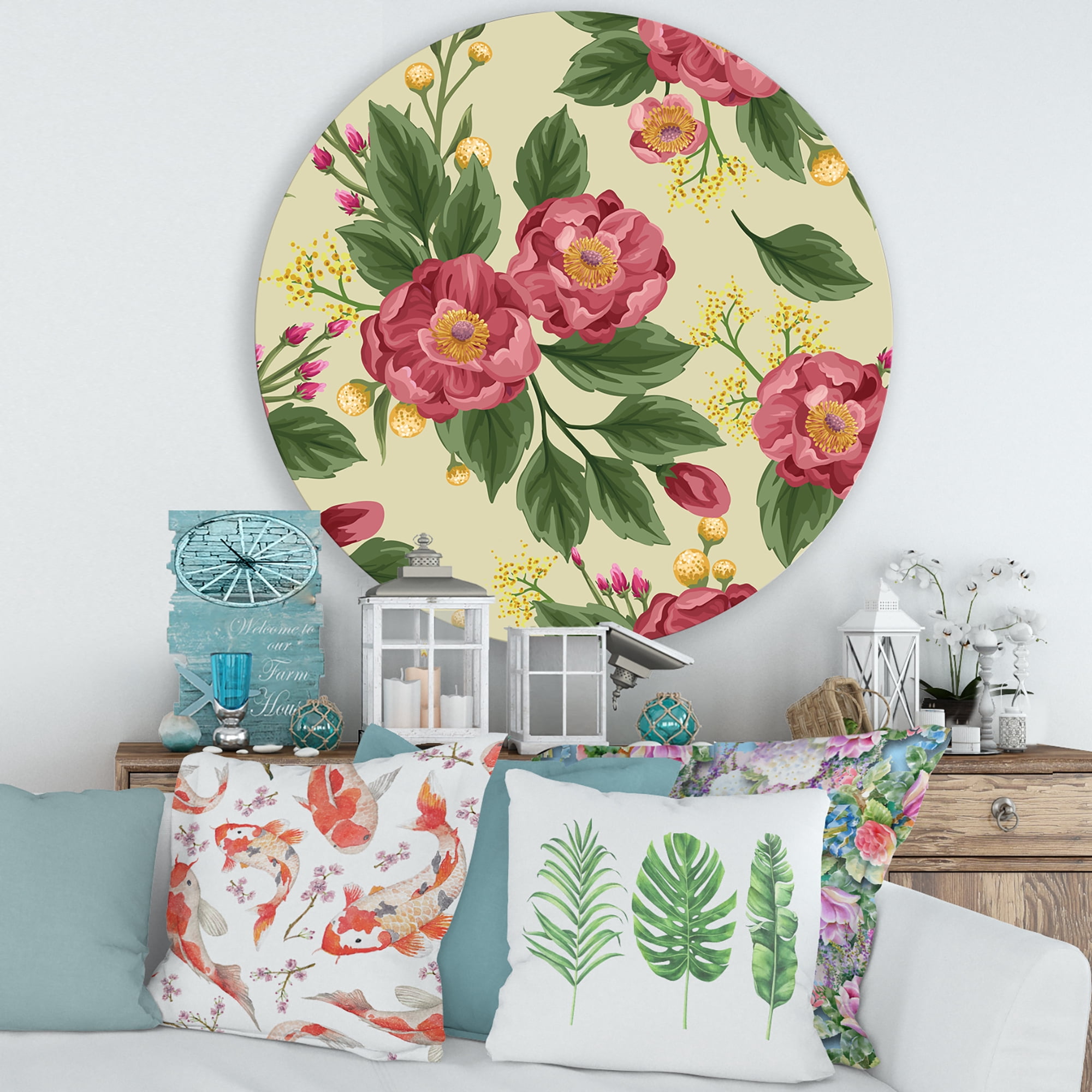 Designart 'Vintage Sweet Peas and Peonies On Beige' Traditional Circle Metal Wall Art 36x36 - Disc of 36