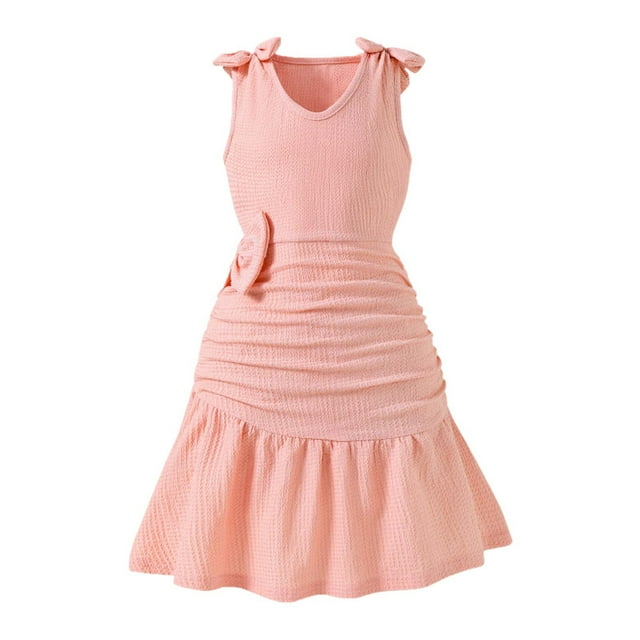 Robe Fille Enfant Enfants Filles Été Solide Sans Manches Taille à Volants Robe Sirène avec Nœud Mignon pour Fête Robe pour Filles Rose 10 Ans