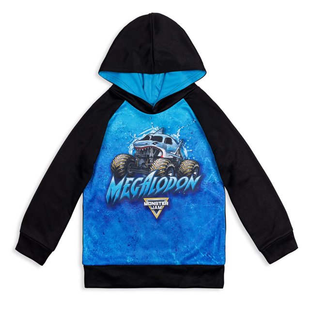 Sudadera con capucha Monster Jam Trucks Megalodon para niños pequeños, negro/azul 5T