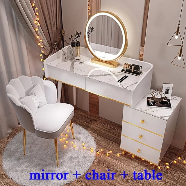 Dressing Table Bedroom Vanity Makeup Table Mirror Minimalist Luxury Toiletry Stool Multi Function Light Dresser Lamp Furniture My Lux Decor Round