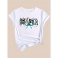 thumbnail image 3 of Spring Freshness | Women's Casual "MAMA" Graphic Tee - Short Sleeve Crew Neck T-Shirt with Leopard Print Hat & Turquoise Bow Design, Lightweight Polyester, Spring/Summer Collection, Spring Summer Tee, 3 of 7