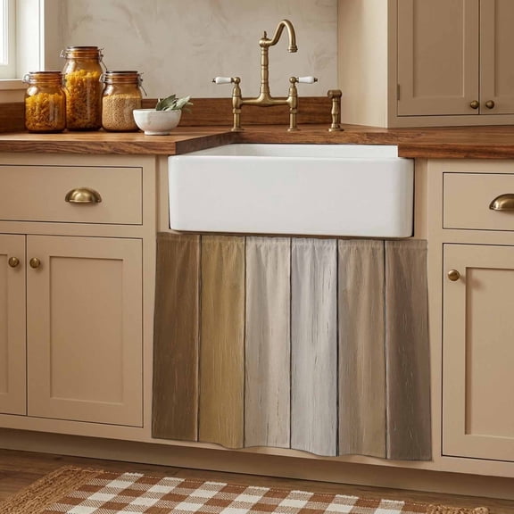 Brown Ombre Cabinet Curtains 27.6"W x 35.4"L, Vintage Country Wooden Under Sink Skirt for Bathroom Vanity Kitchen Self Adhesive, Dust-Proof Privacy Curtain for Closet Shelves Laundry Room