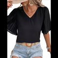 thumbnail image 2 of Blusas Elegantes de Verano para Mujer, con Cuello en V, Corta y Pétalos Abullonados, Informales, para Trabajo y Negocios Negro L, 2 of 8