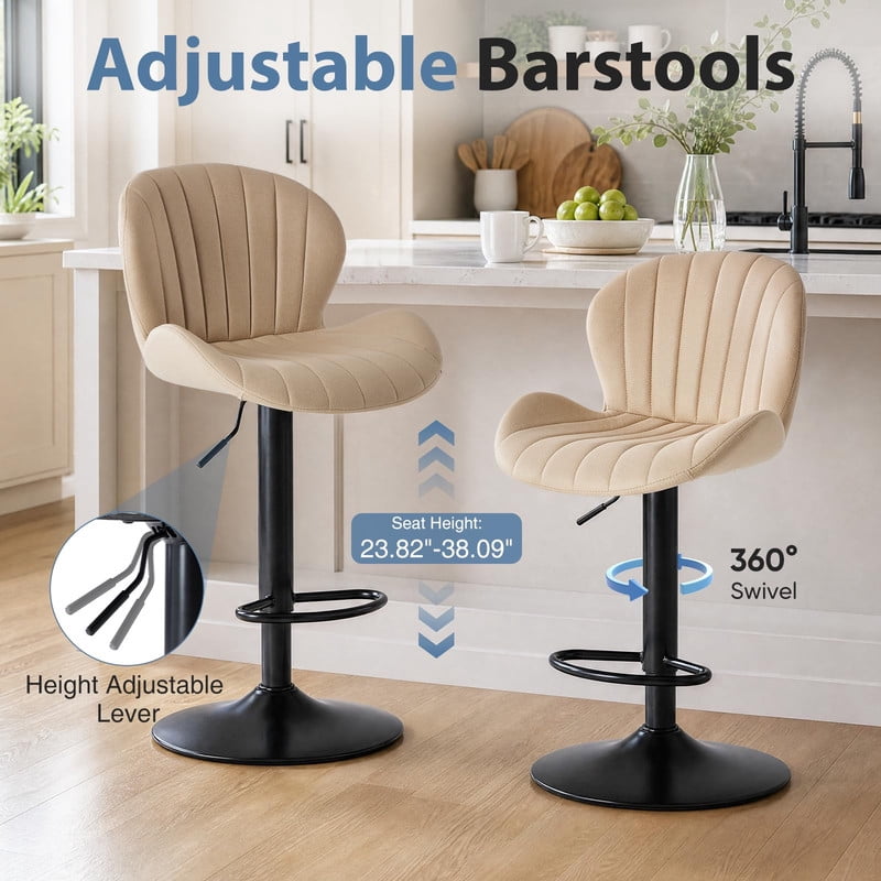 Kelno Swivel Bar Stools Set of 2 Adjustable Height Linen Seat with Backrest 360° Swivel for Kitchen Island, Beige
