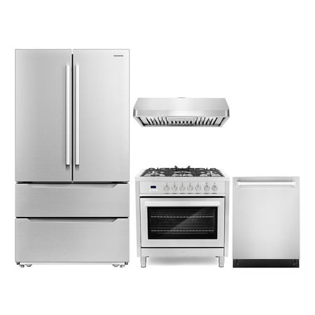 Cosmo 4 Piece Kitchen Appliance Package with 36  Freestanding Dual Fuel Range 36  Under Cabinet 24  Built-in Integrated Dishwasher &amp; French Door Refrigerator Kitchen Appliance Bundles