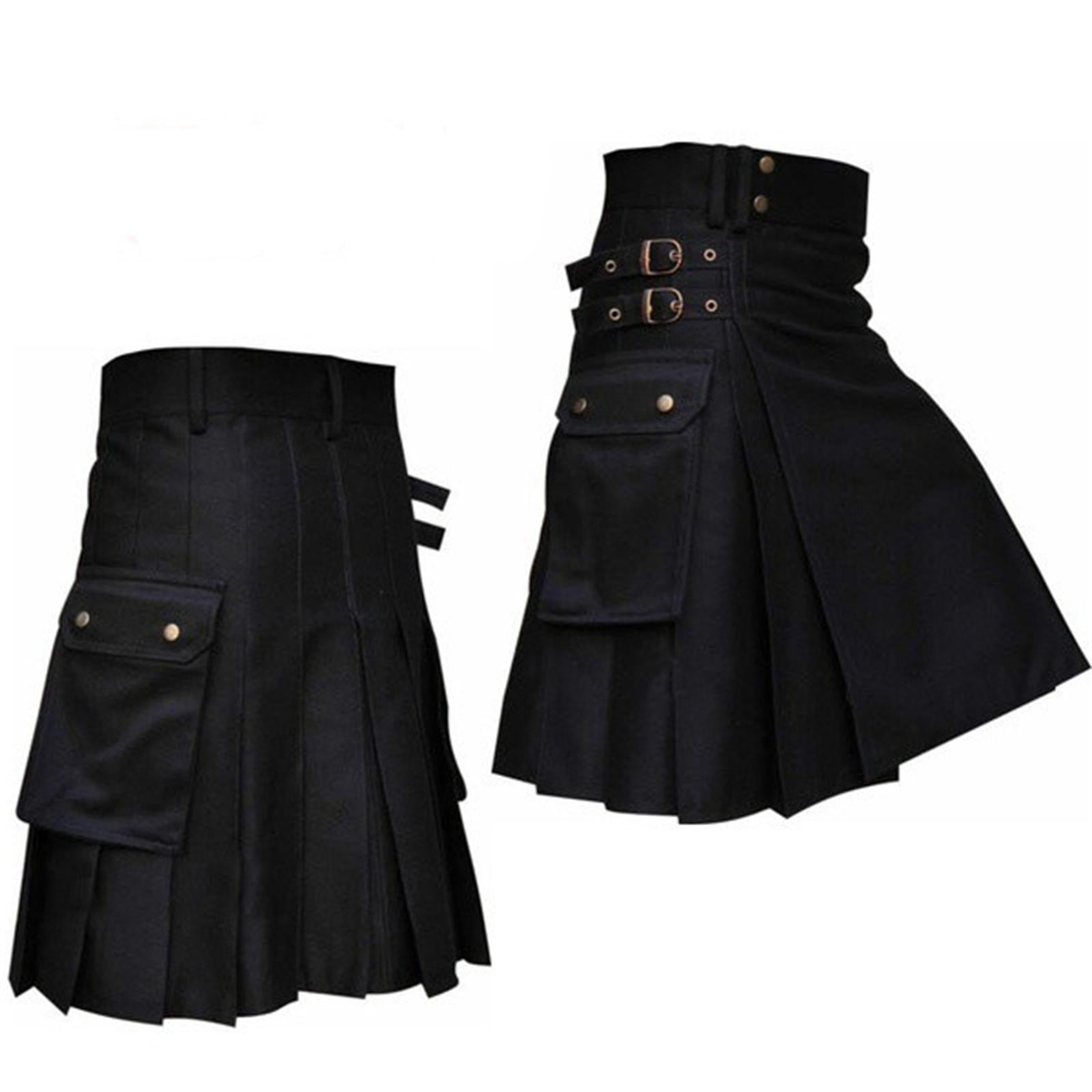 Adjustable Sizes Men's Black Leather Straps Fashion Sport Utility Kilt 
