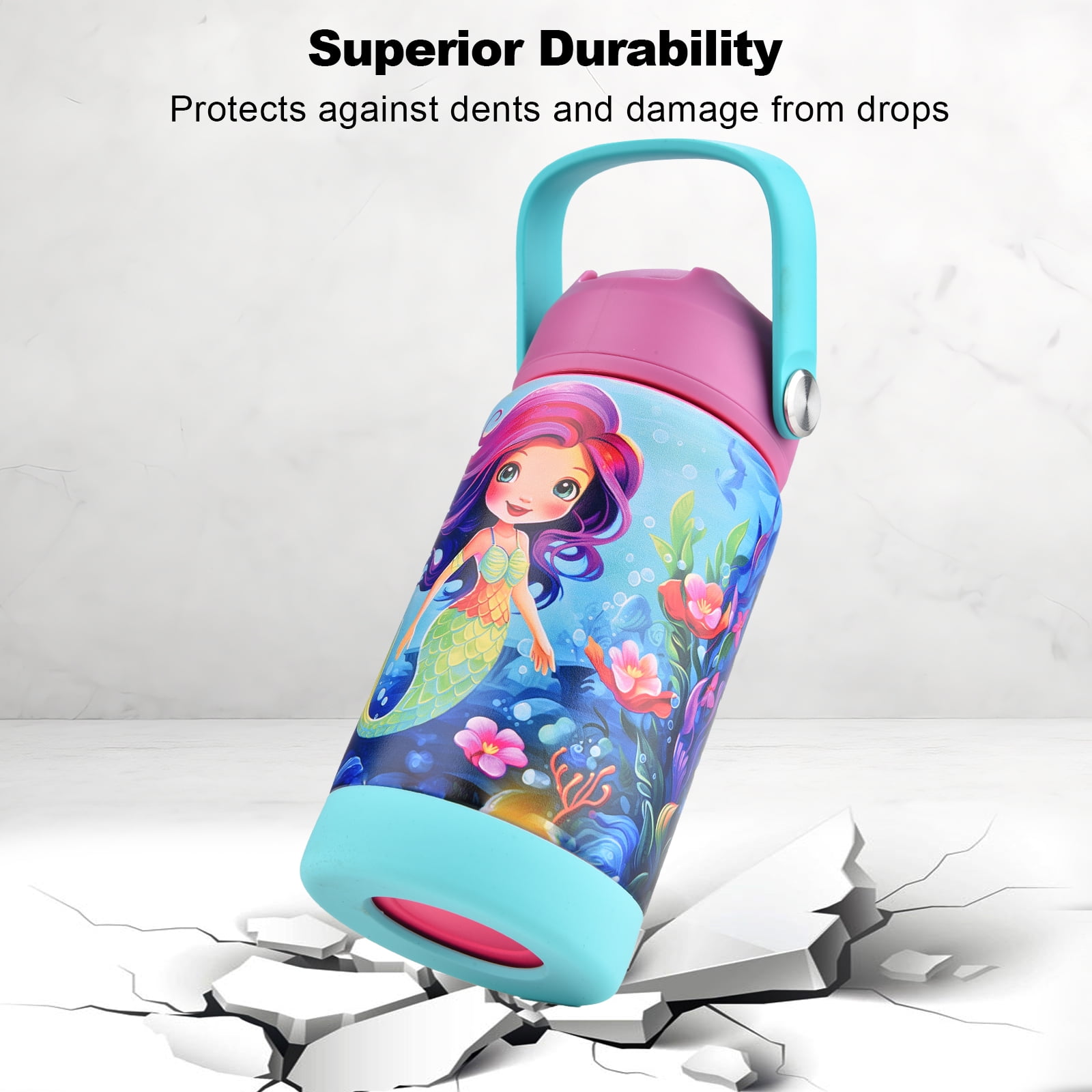 CaseTown 12oz Kids Insulated Water Bottle, Leak-proof Toddler Cup With Straws Lids, Kids Water Bottles For School Boys Girls, Stainless Steel Vacuum Insulated Bottle For Kids (Cute Mermaid)