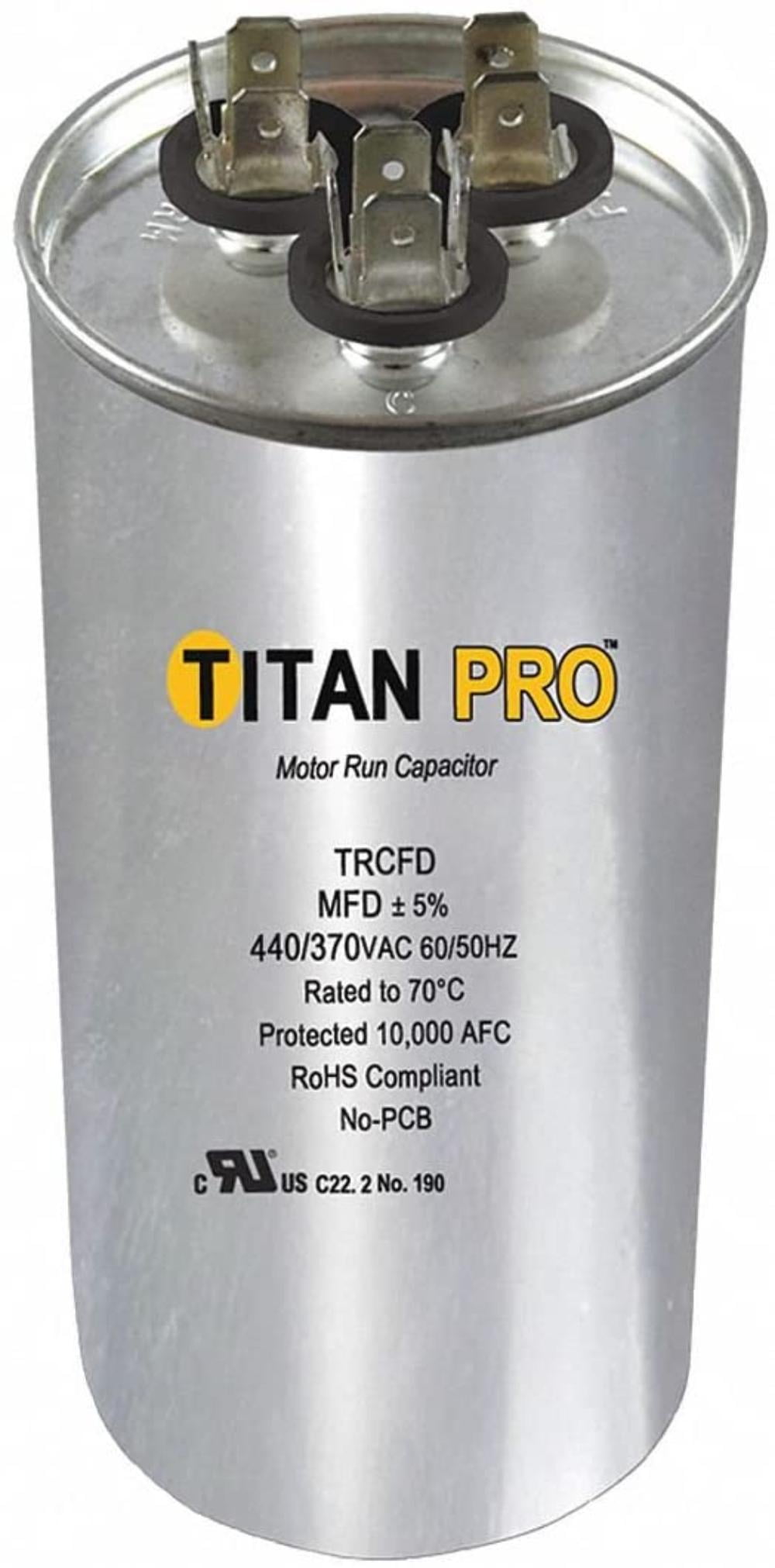 Motor Dual Run Cap, 70/5 MFD, 370-440V, Price For: Each Standards: UL  Recognized (E185318) Hz: 60/50 Capacitor Voltage: 370-440VAC Case  Material:.., By Brand TITAN PRO - Walmart.com