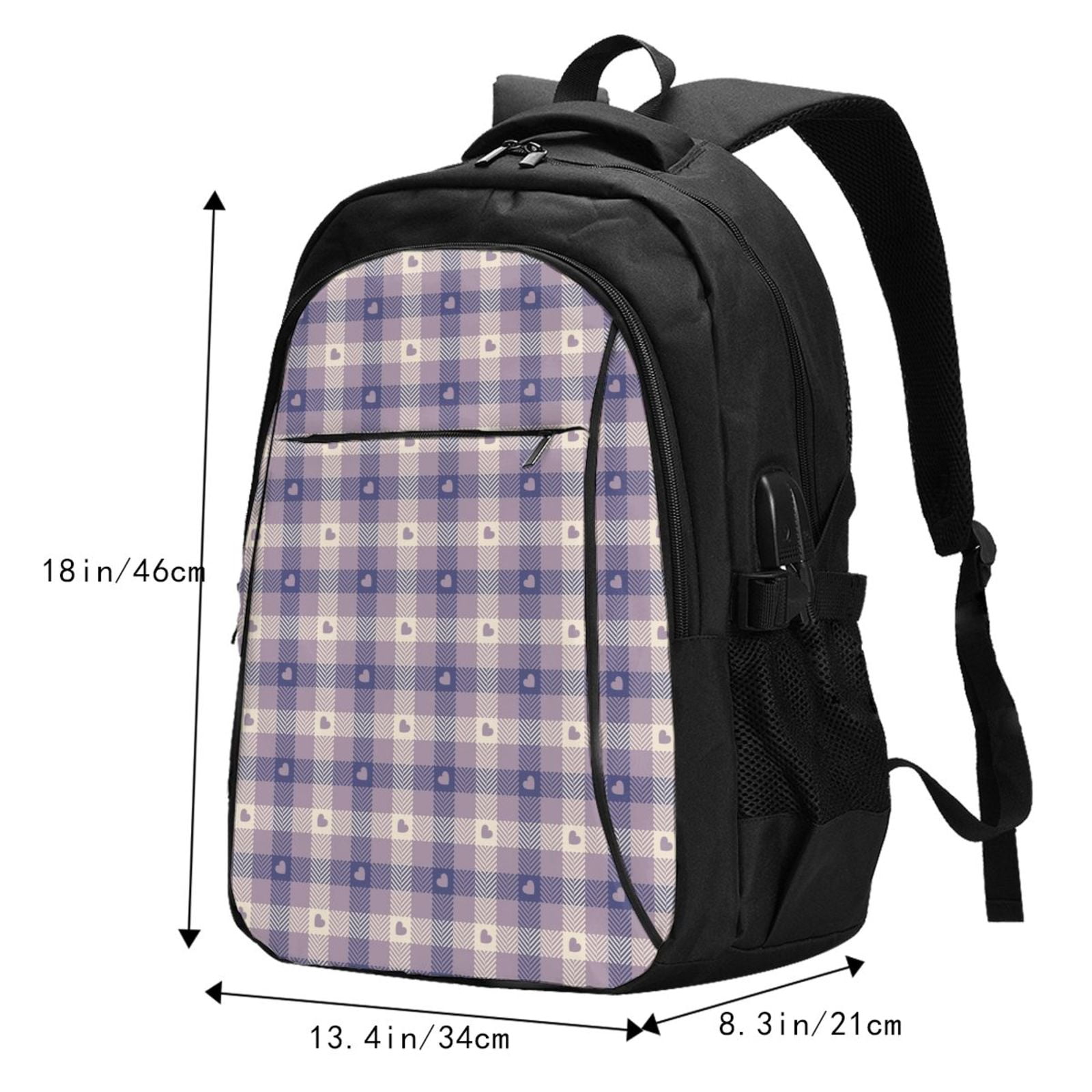 Vsdgher Heart Check Plaid Print Travel Laptop Backpack, Laptops Backpack with USB Charging Port, Water Resistant Computer Bag Gift for Men & Women
