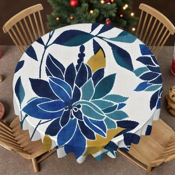 RKSupls Blue Gold Floral Round Tablecloth, Machine-Made - Holiday-Themed Design Stain Resistant & Washable Decor, Wedding, Party, Home Dining