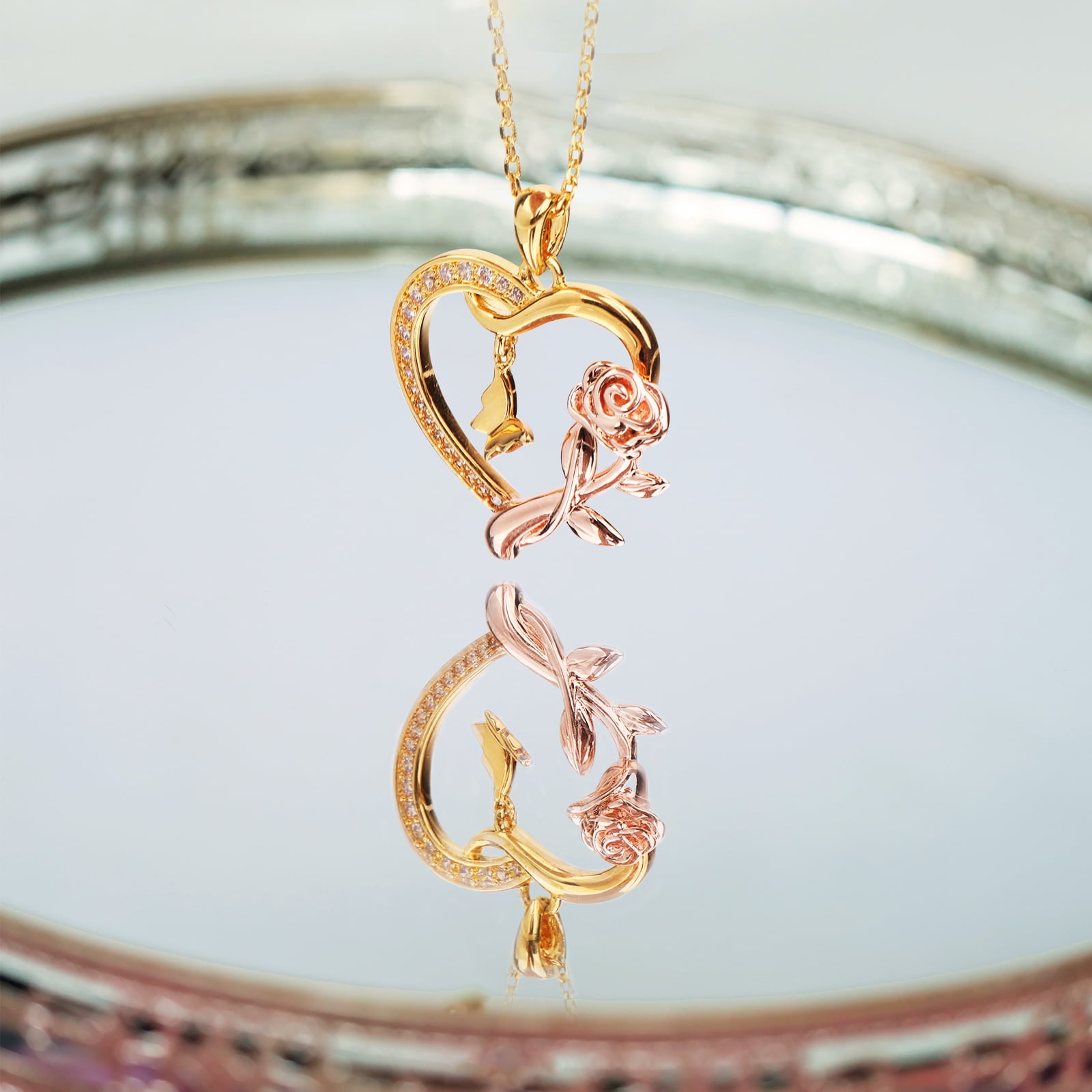 Heart Necklace for Women 14k Gold Plated CZ Romantic Rose and Butterfly Jewelry Gift for Women Birthday Valentine's Day