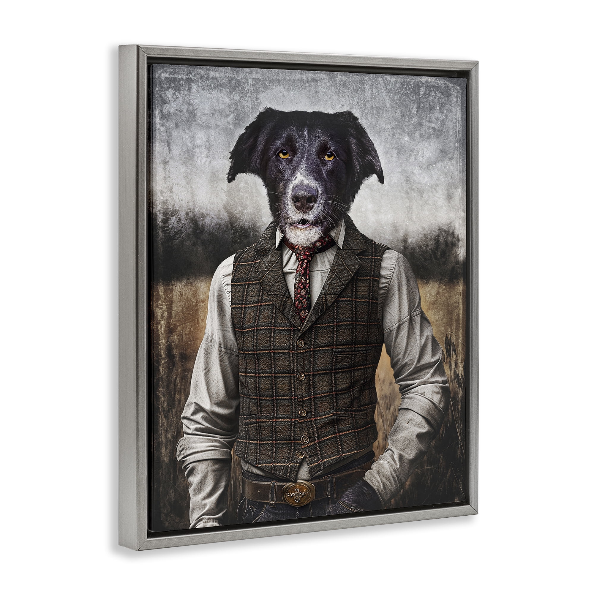Stupell Industries Dog in Colonial Clothes Animals & Insects Painting Gray Floater Framed Canvas Art Print Wall Art, 25 x 31