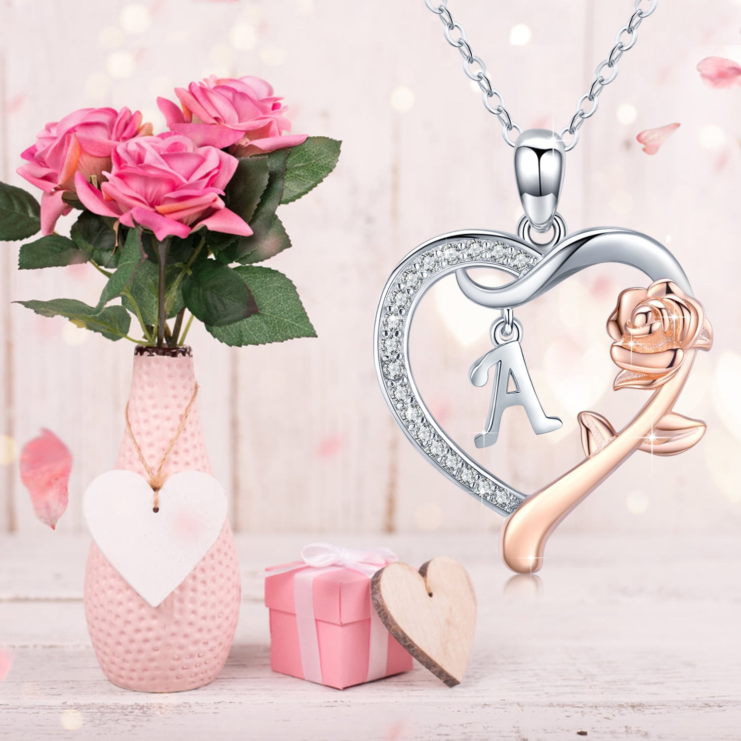 Coachuhhar Initial Letter Necklace 925 Sterling Silver Love Heart Letters with Rose Flower Pendant Necklace Jewelry Gifts for Women
