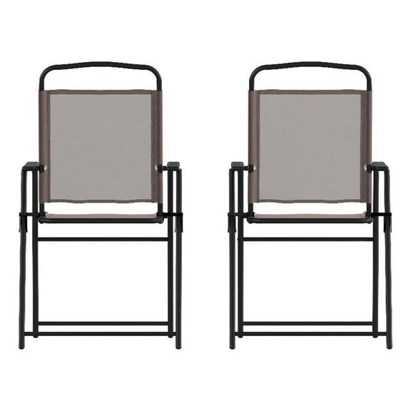Bowery Hill Metal Patio Sling Chairs with Armrest in Brown (Set of 2)