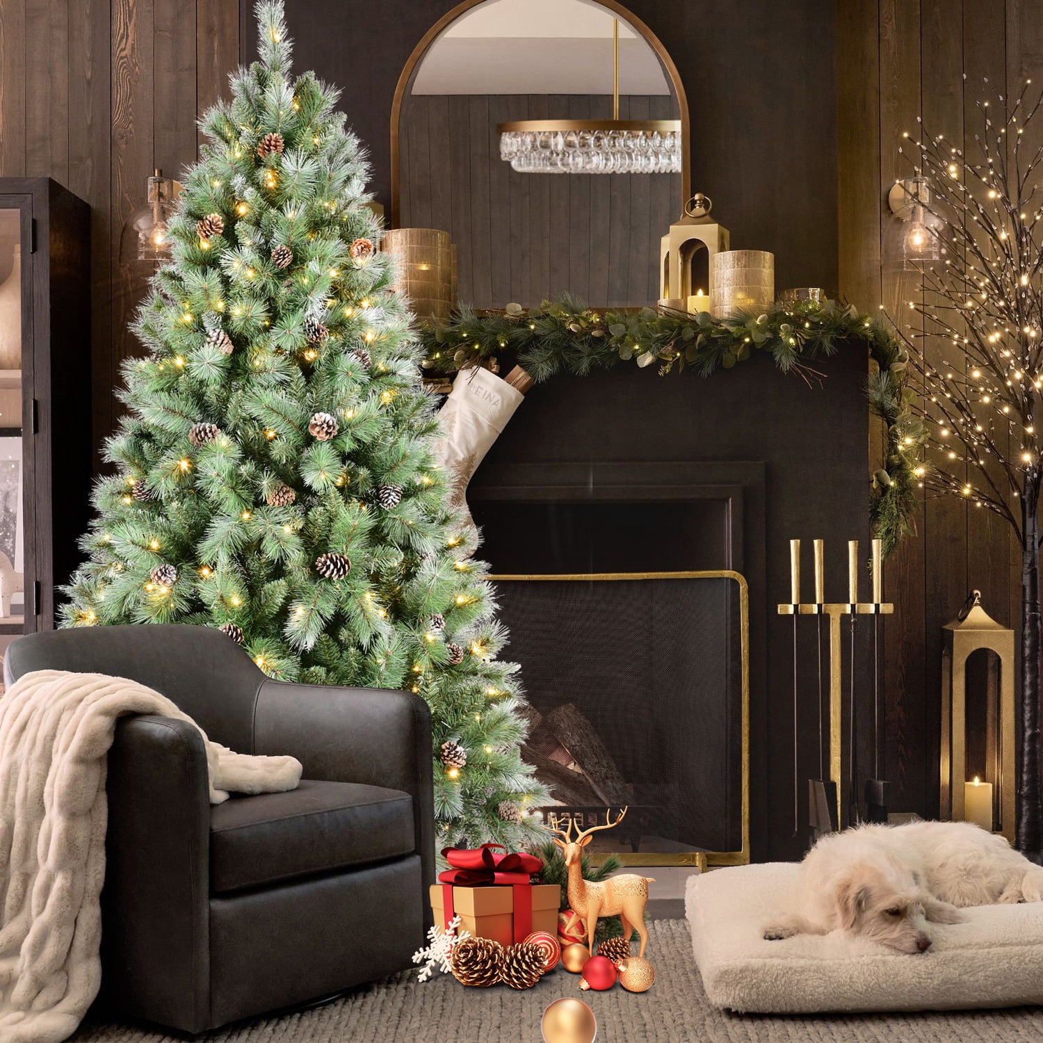 6ft Flocked Christmas Tree 988 Tips 66 Pine Cones Hinged Branches Metal Stand Indoor Decor