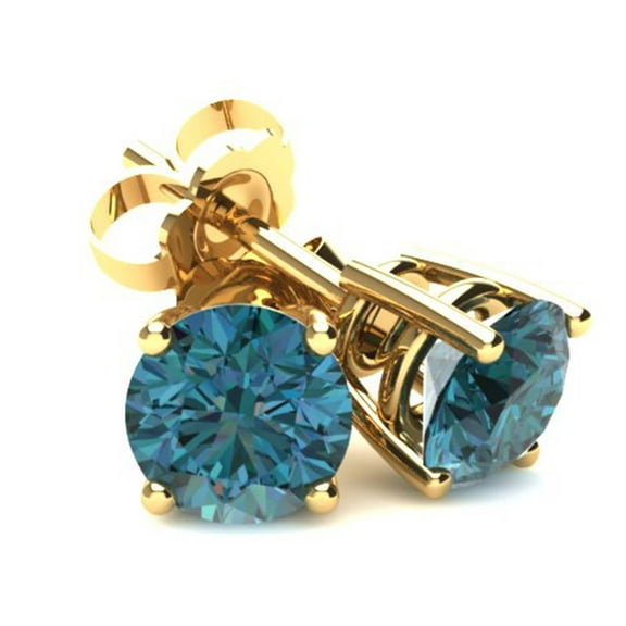 Pompeii .85CT Round Brilliant Cut Blue Diamond Stud Earrings In 14K Gold (Blue,SI2-I1)