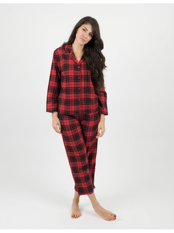 Womens Two Piece Flannel Pajamas Black & Red Plaid XS