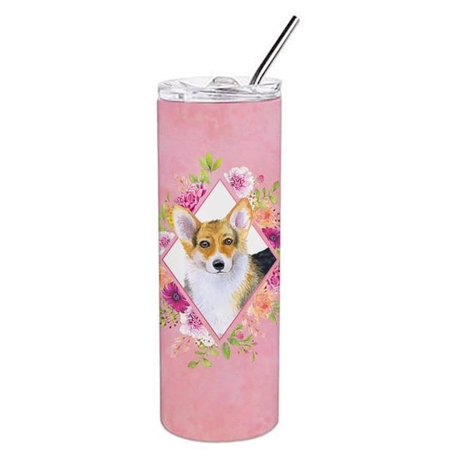 Carolines Treasures CK4167TBL20 Gobelet Mince en Acier Inoxydable à Double Paroi 20 oz Corgi Fleurs Roses