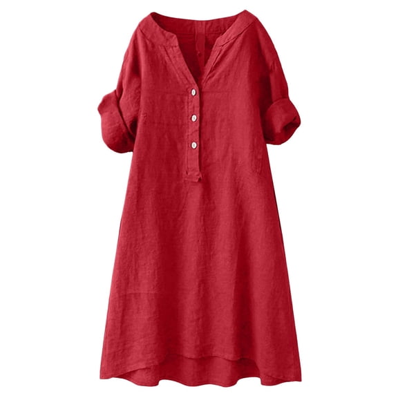 TEAJOPSUU Women's Cotton Linen Dresses Comfy Short Sleeve V Neck Dresses Casual Solid Rolled Cuff A-Line Dresses S-5XL C-Red