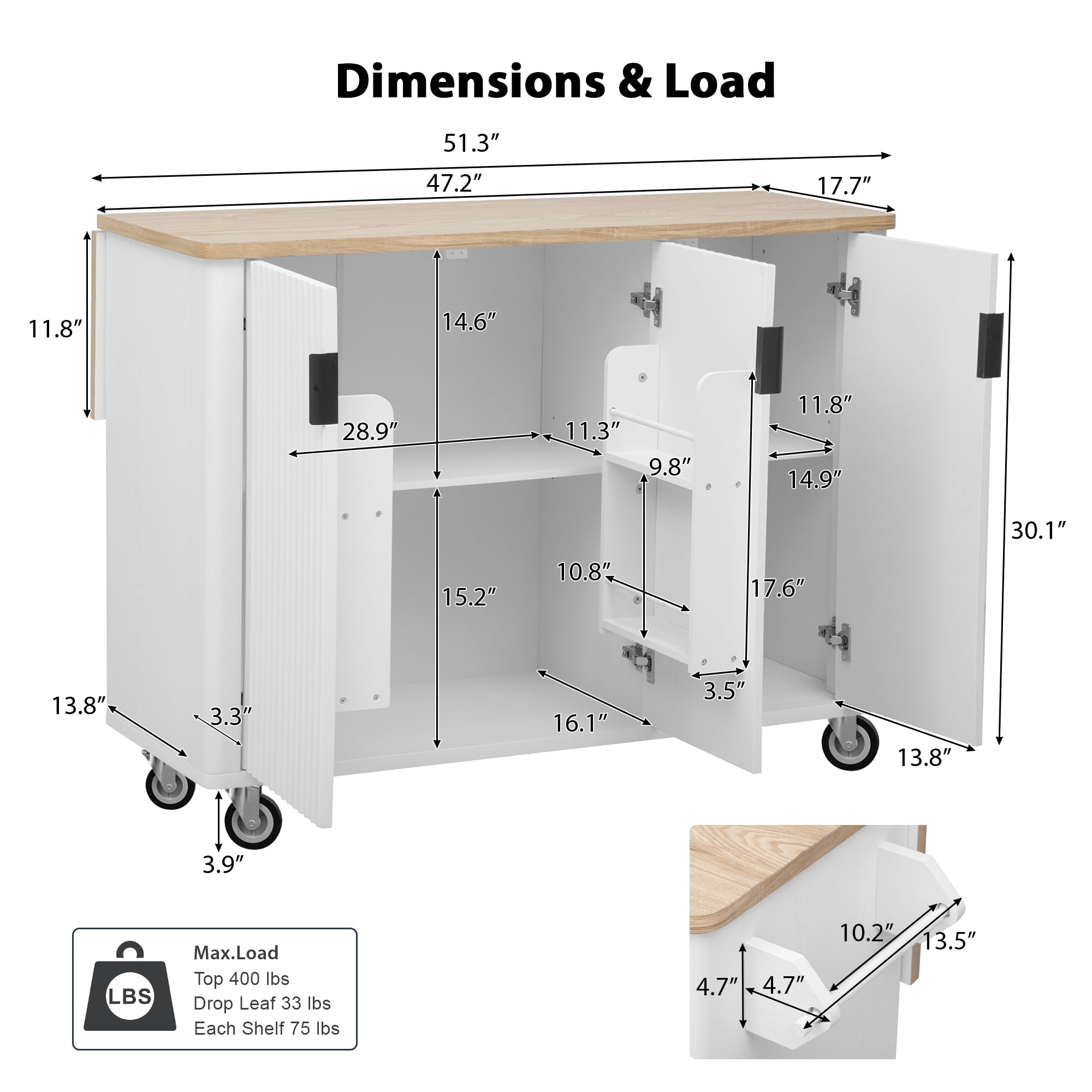 Alvantor 51" Fluted Kitchen Island with Storage, Drop Leaf Cart, Towel Rack, White Ash