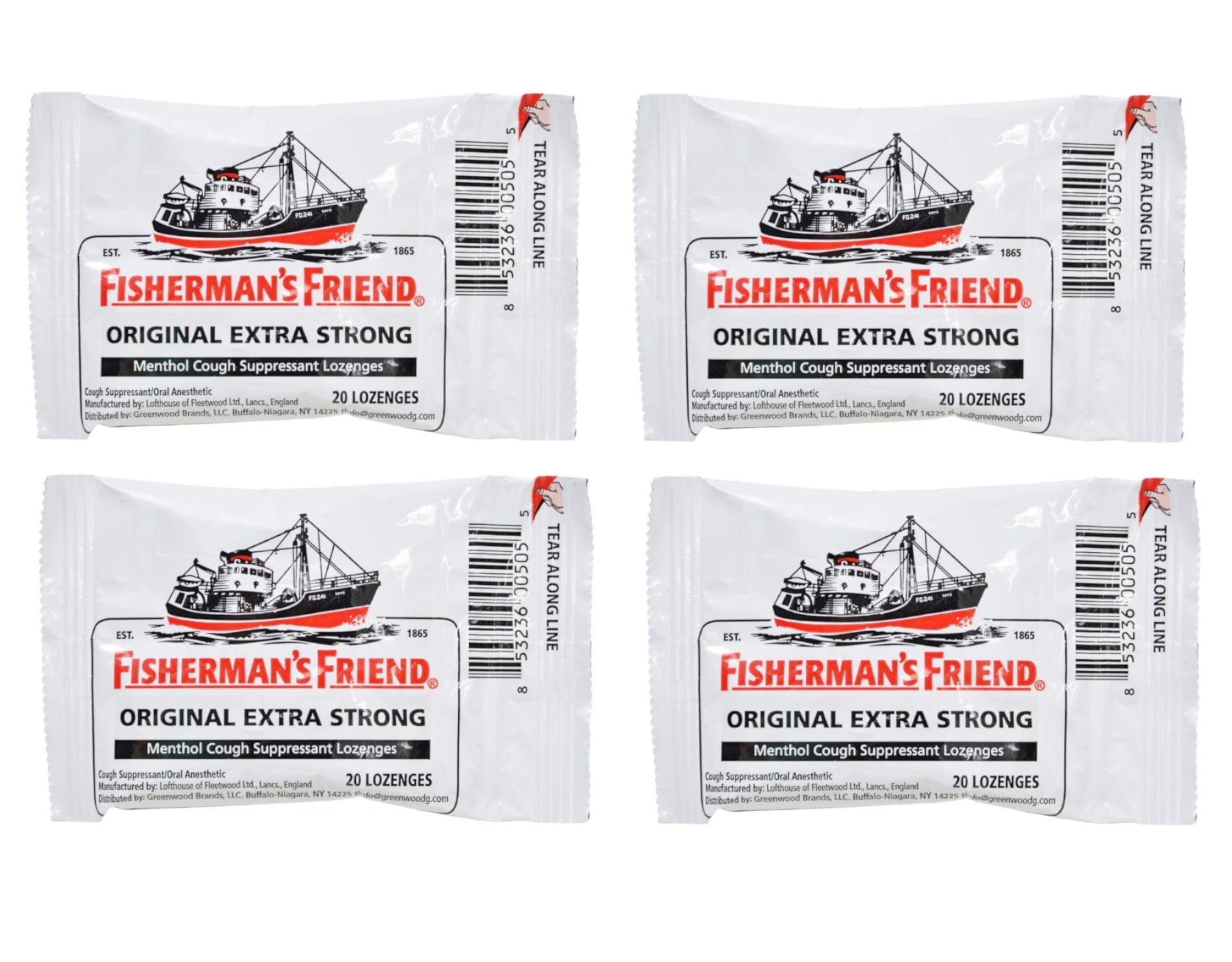 4 Pack Fisherman's Friend Menthol Cough Suppressant Natural 20 Lozenges Each
