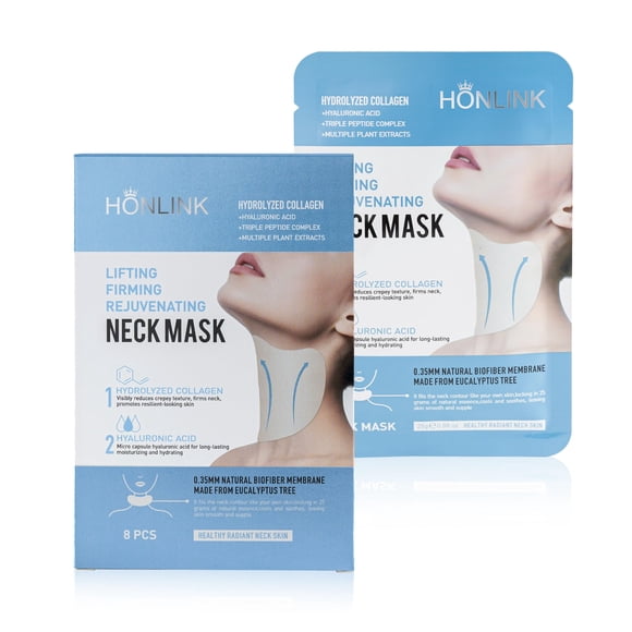 Mascarilla para el cuello (8 unidades), HONLINK - Set de regalo con colágeno hidrolizado, ácido hialurónico y péptidos. Mascarillas hidratantes y reafirmantes para pieles arrugadas. Ayuda a reducir la