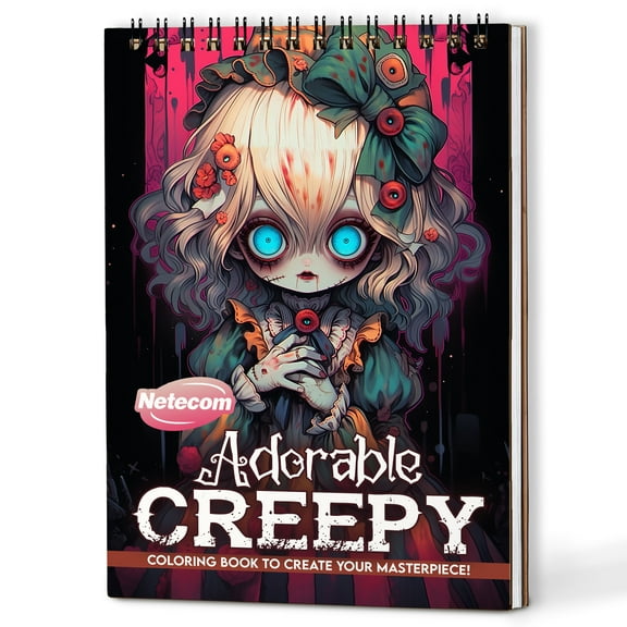 Netecom Adorable Creepy Adult Coloring Book Spiral Bound for Adults, A5 Wooden Cover, 30 Whimsical Macabre Coloring Pages in the Dark for Stress Relief and Relaxation