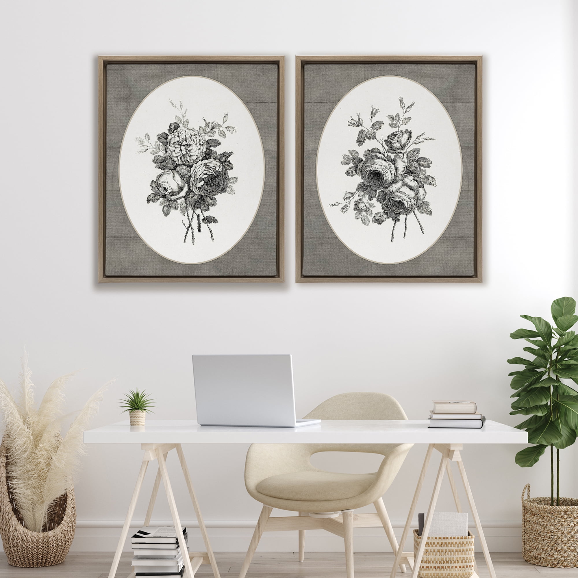 Vintage Petal Bundle Details 2 Piece Brown Framed Floater Canvas Set, design by Lettered and Lined