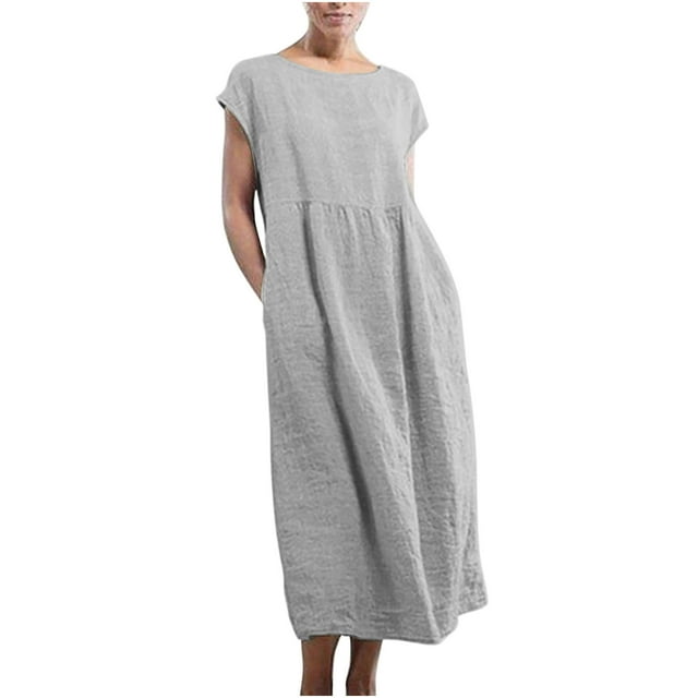 QIPOPIQ Robes pour Femmes avec Poches Manches Courtes Robe Ample Coton Lin Robe d'Été Col Rond Robe Longue Offres 2023