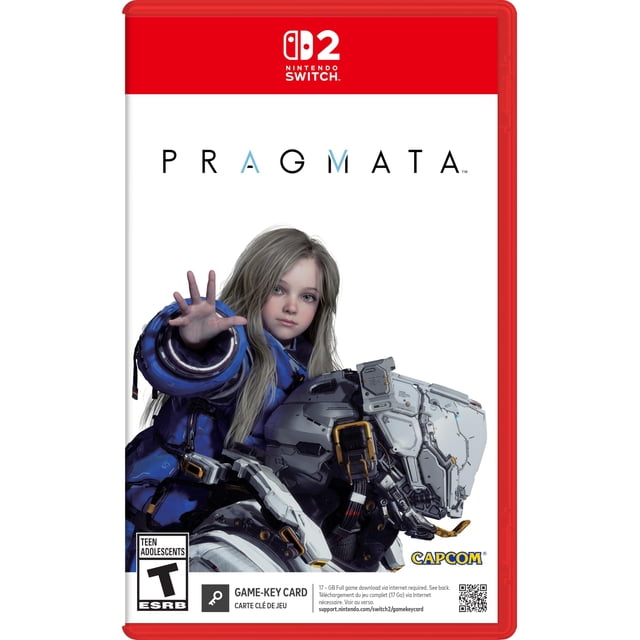 pragmata - nintendo switch 2 Nuevo juego físico sellado para Nintendo Switch 2; portada blanca con el título PRAGMATA en el centro, ilustración frontal de un astronauta y una androide junto a equipo mecánico que sugiere acción y aventura y mecánicas de hacking, logotipo Capcom y clasificación ESRB visibles en la esquina inferior.