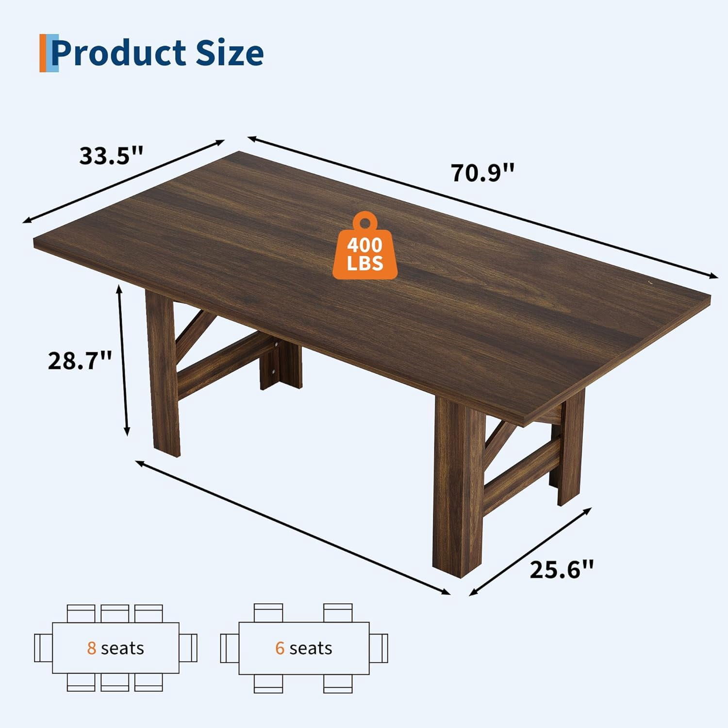 71" Farmhouse Dining Table for 6-8, Large Wooden Table with Thick Frame and Stable Triangular Legs for Kitchen or Office