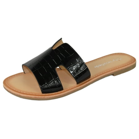 

City Classified Shoes Women Flip Flops Basic Plain Sandals Cut Out Strap Casual Slide Slippers Beach SALVIA-S Crocodile Black 10