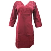 Mogul Woman's Ethnic Long Tunic Maroon Floral Embroidered Cotton Indian Kurti Dress