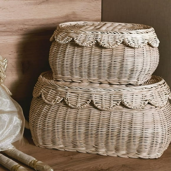 CAALMA Scalloped Basket - Set of 2 Rattan Basket - Wicker Storage Basket with Lid - Decorative Small scalloped baskets - Woven Baskets with Lids - Round Wicker Baskets f