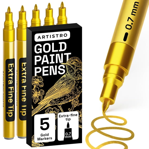 ARTISTRO 5 Gold Paint Pen for Rock, Glass, Ceramic, Wood, Tire, Fabric, Metal, Canvas, Marking, Painting - Set of 5 Acrylic Paint Markers Water-based