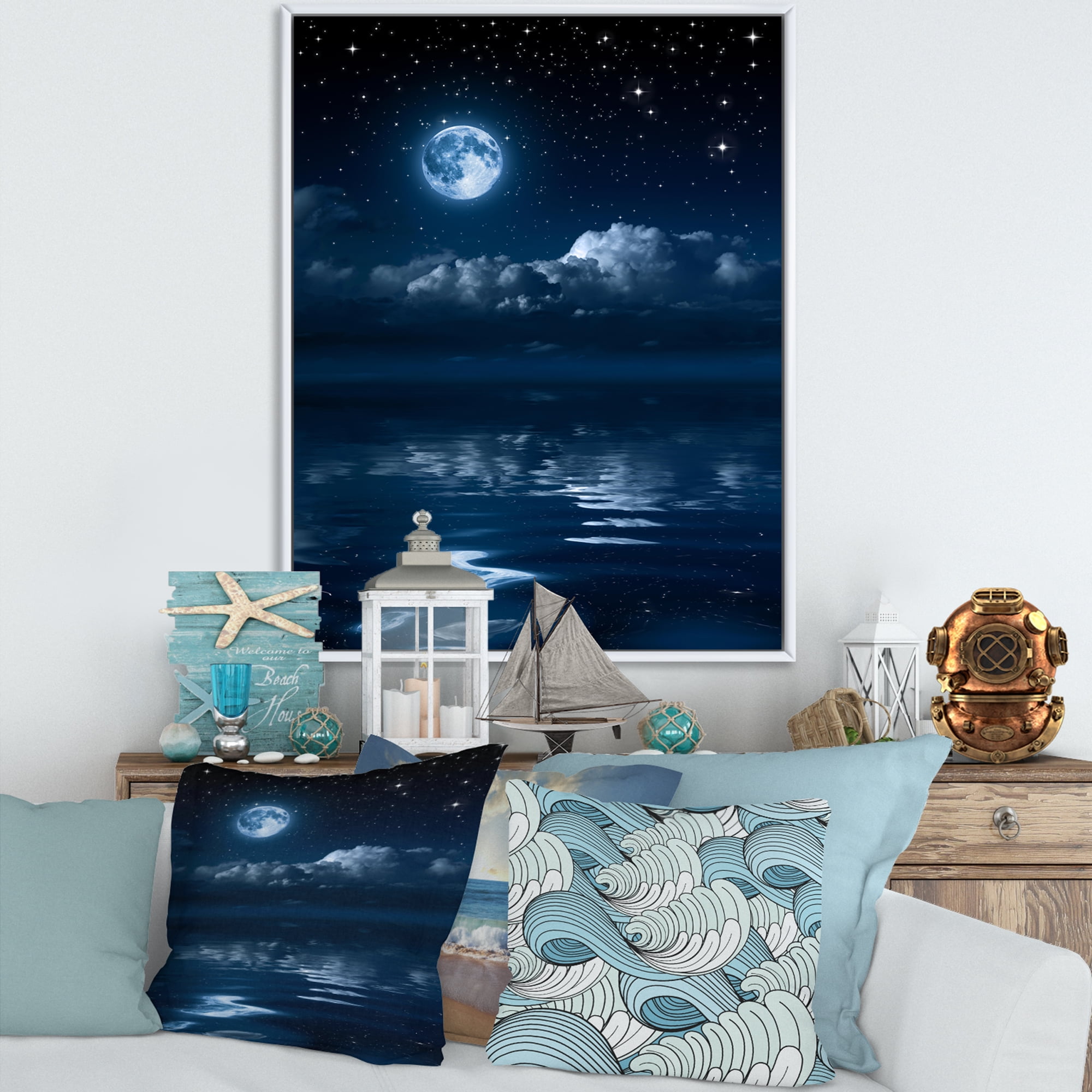 Designart 'Full Moon Night in Cloudy Sky I' Nautical & Coastal Framed Canvas Wall Art Print