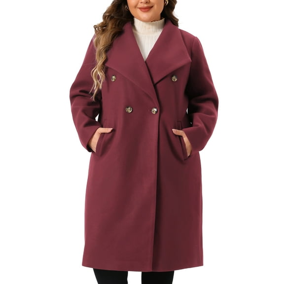 Agnes Orinda Women's Plus Size Peacoat Overcoat Notch Big Lapel Double Breasted Mid-Long Trench Coat 1X Burgundy