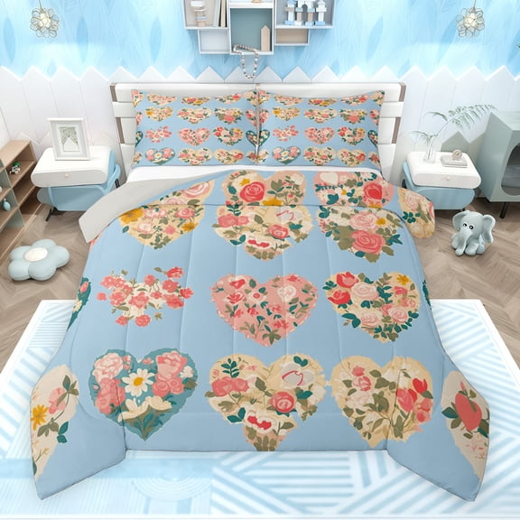 Feelyou Retro Rustic Flower Full Size Comforter Sets, Romantic Cartoon Love Heart Bedding Comforter Set, Teens Kids Boys Girls Reversible Bedding Sets, Super Cozy Room Decor, 3pcs