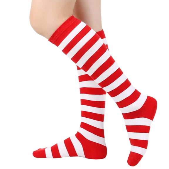 Women's Red White Wide Stripe Knee High Socks Breathable Cotton Mid Calf Socks for Christmas Holiday Winter Daily Wear