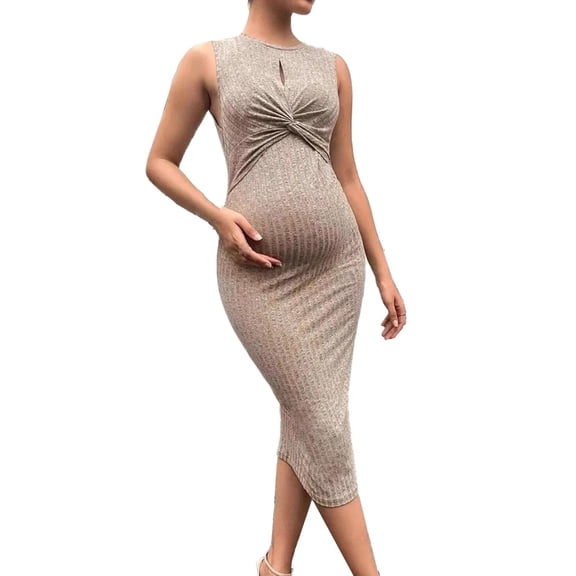 Amzcrzy Maternity Dress Solid Color Round Neck Tight Fitting Knit Hollowed-Out Sleeveless Dress for Women Pregnancy Dresses