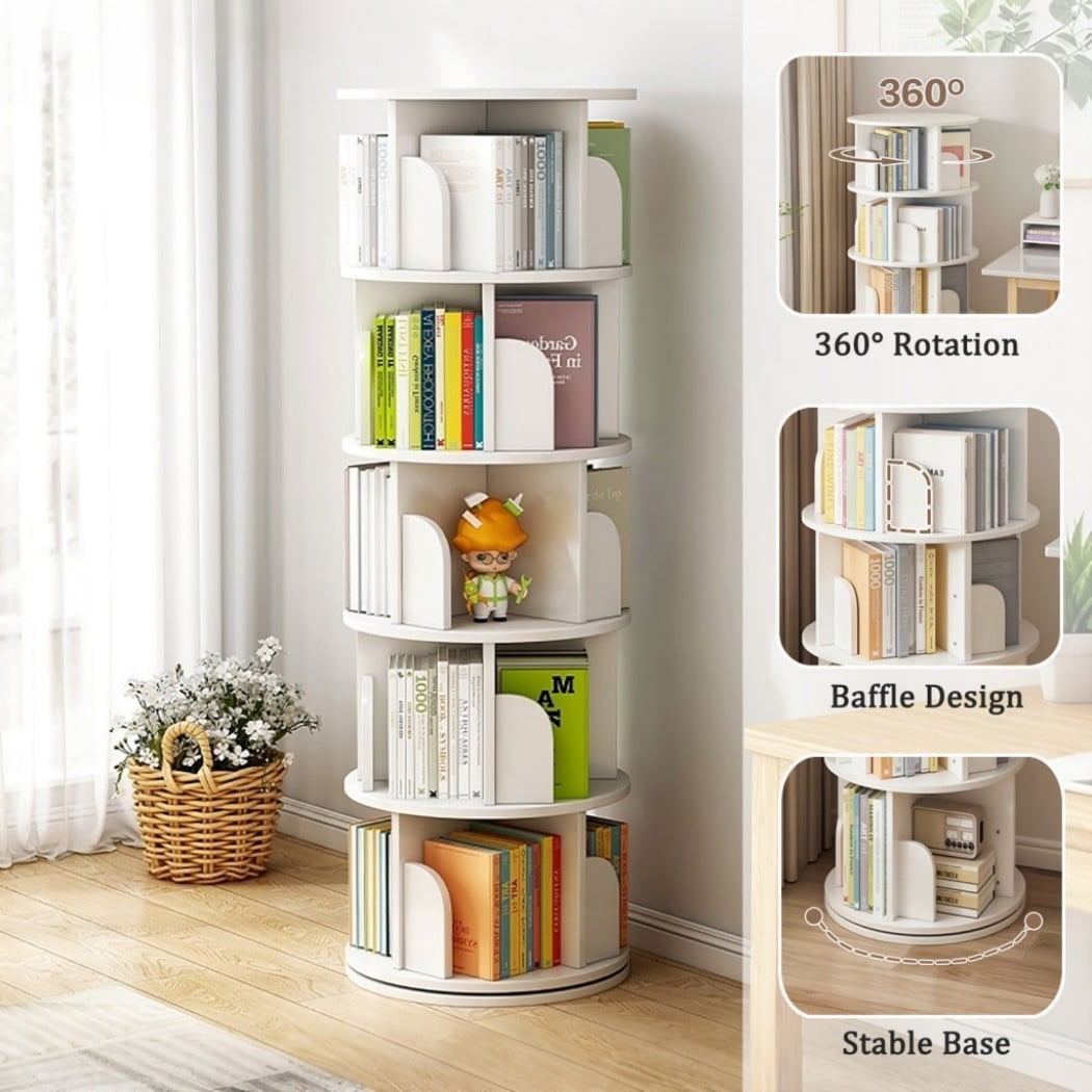 5-Tier Rotating Bookshelf, 360° Spinning Bookcase Tower with Wraparound Baffles, Space-Saving Round Display Shelf for Bedroom, Living Room & Home Office, Warm White